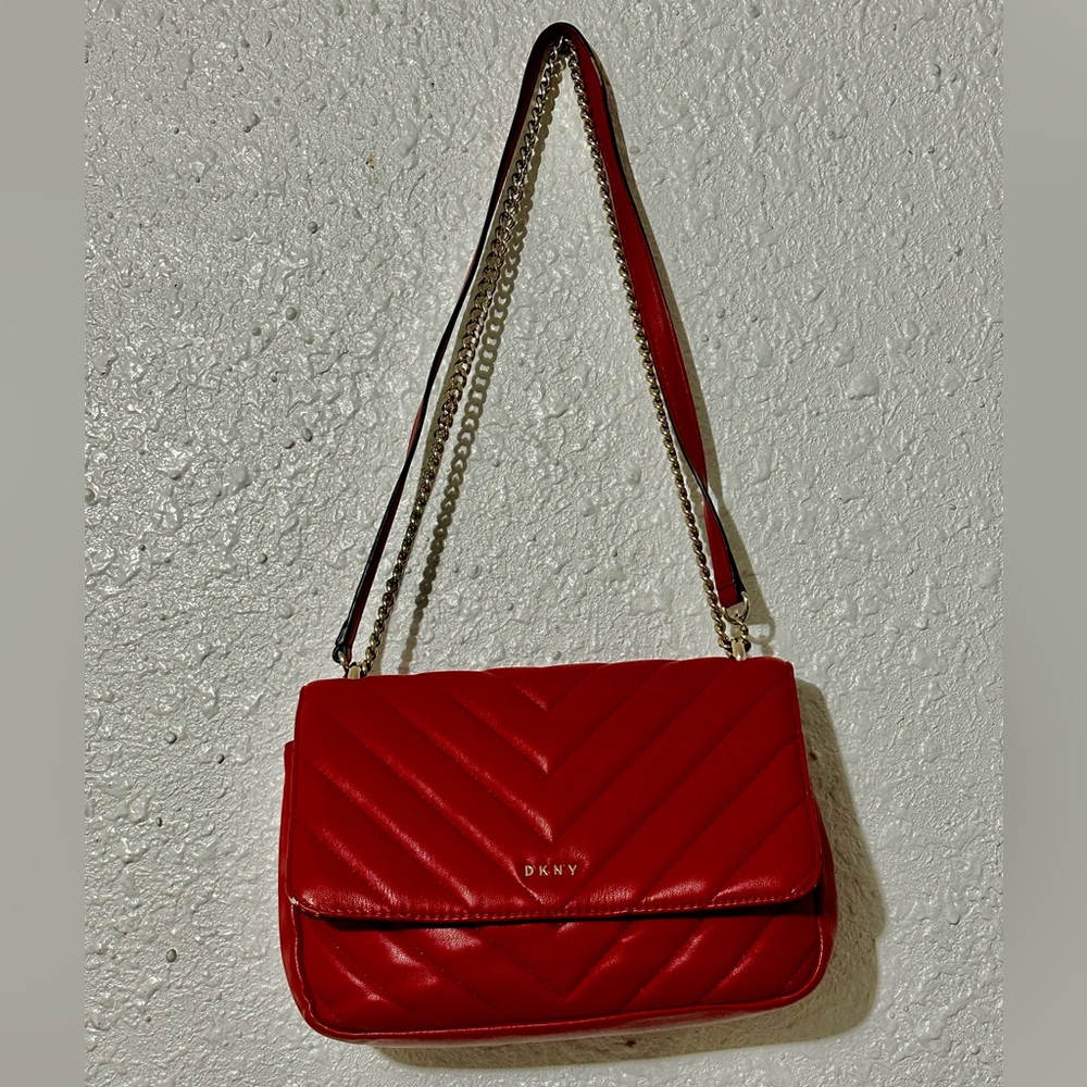 DKNY Red Chevron Silver Chain Strap Crossbody Bag